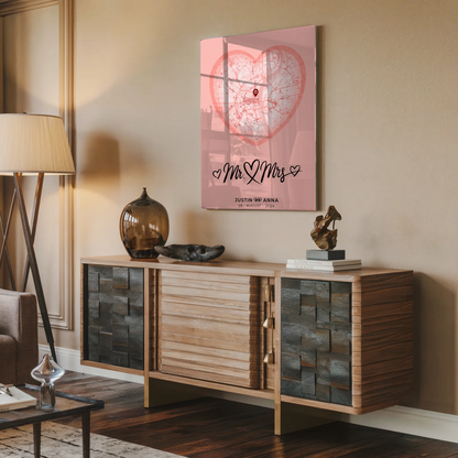 Personalisiertes Acrylglas Bild Städtekarten Paare Herz Altrosa Mr & Mrs