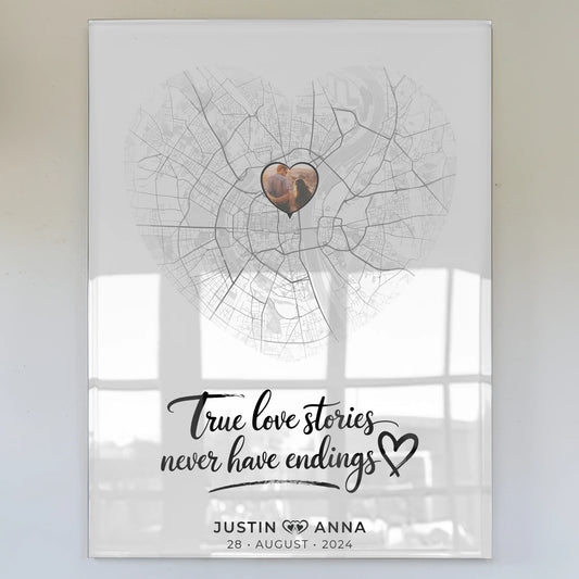 Personalisiertes Acrylglas Bild mit Stadtkarten Paare Herz True Love Stories