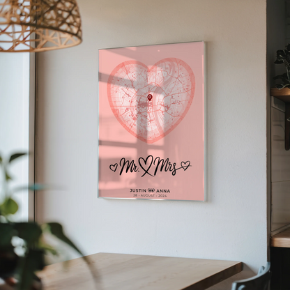 Personalisiertes Acrylglas Bild Städtekarten Paare Herz Altrosa Mr & Mrs