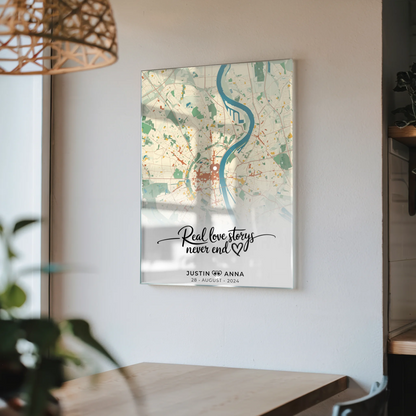 Personalisiertes Acrylglas Bild Stadtkarten für Paare Real Love Storys Never End