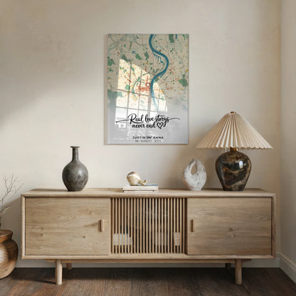Personalisiertes Acrylglas Bild Stadtkarten für Paare Real Love Storys Never End