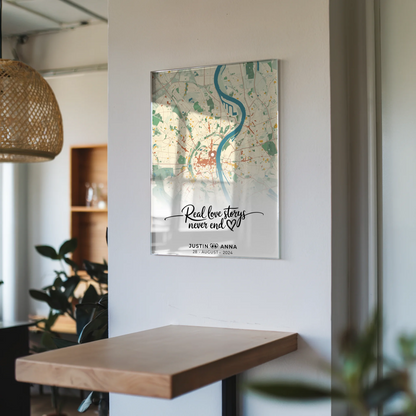 Personalisiertes Acrylglas Bild Stadtkarten für Paare Real Love Storys Never End