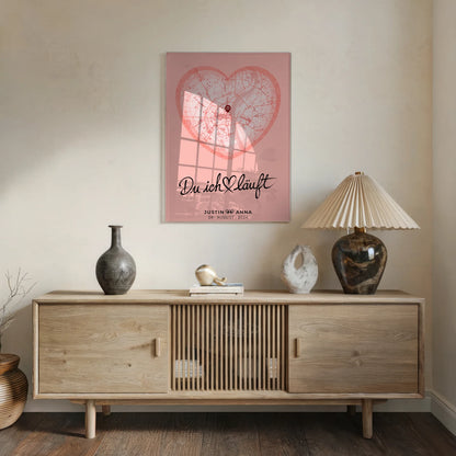 Acrylglas Bild personalisiert Stadtkarten Herz Altrosa Paare Du Ich Läuft