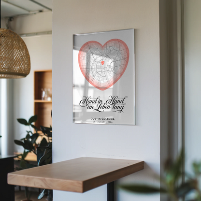 Stadtkarten Acrylglas Bild Paare Herz Roserot