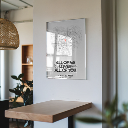 Personalisiertes Acrylglas Bild Stadtkarten Paare Herz All Of Me