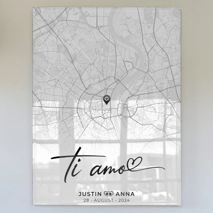 Personalisiertes Acrylglas Bild Stadtkarten Paare Ti Amo Schwarz Weiß