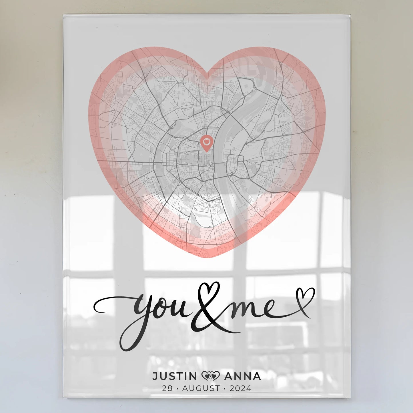 Personalisiertes Acrylglas Bild Stadtkarten Herz Paare You & Me