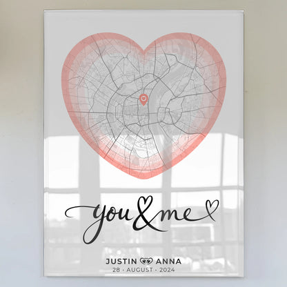 Personalisiertes Acrylglas Bild Stadtkarten Herz Paare You & Me