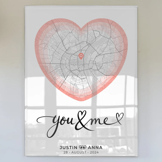 Personalisiertes Acrylglas Bild Stadtkarten Herz Paare You & Me