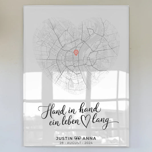 Personalisiertes Stadtkarten Acrylglas Bild Paare Herz Hand In Hand Ein Leben Lang
