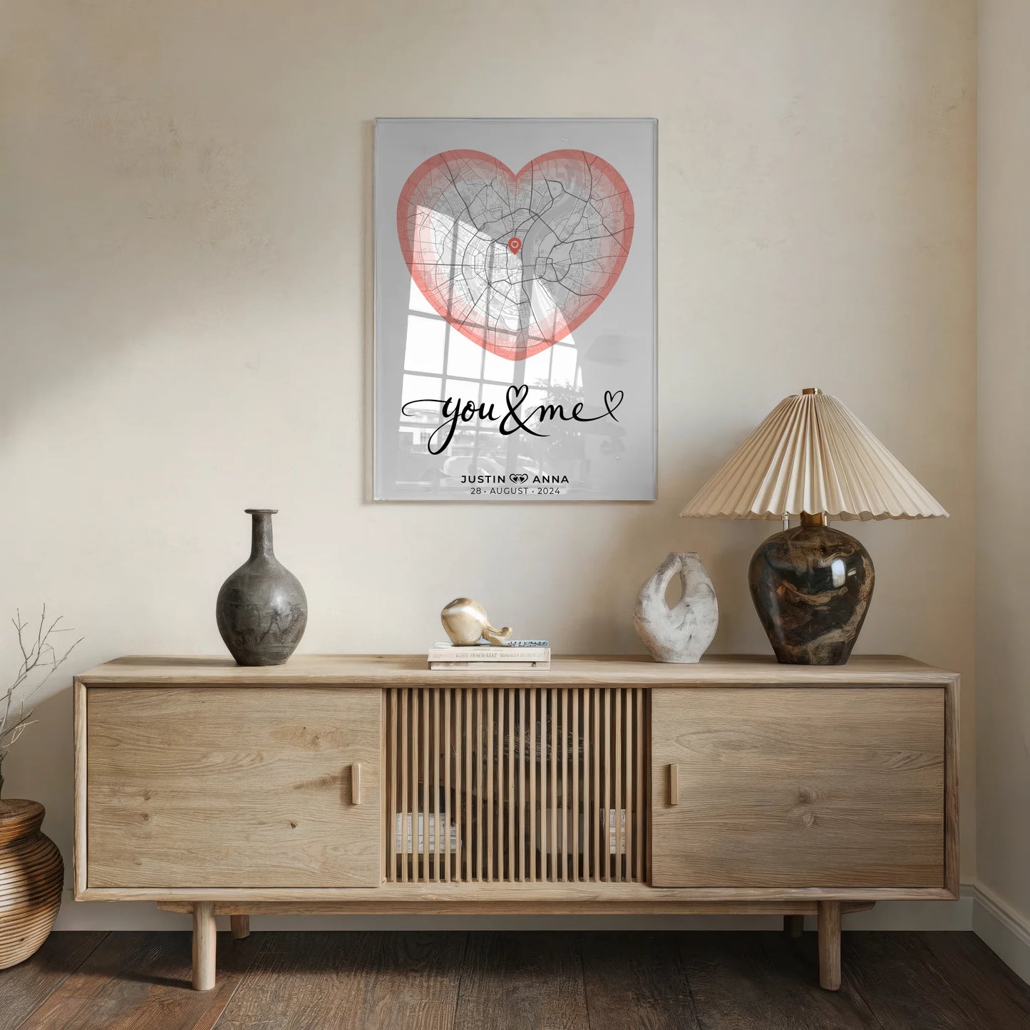 Personalisiertes Acrylglas Bild Stadtkarten Herz Paare You & Me