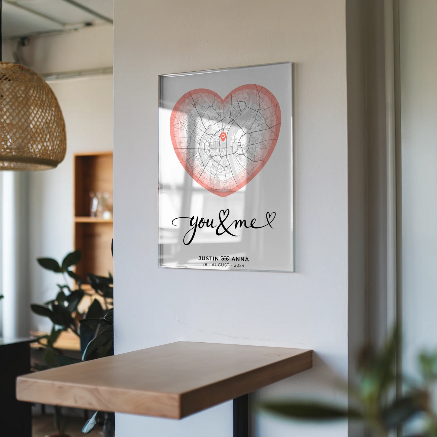 Personalisiertes Acrylglas Bild Stadtkarten Herz Paare You & Me