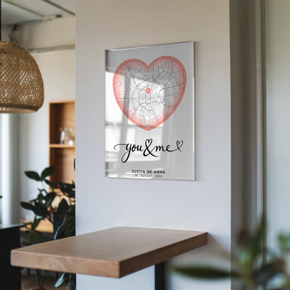 Personalisiertes Acrylglas Bild Stadtkarten Herz Paare You & Me
