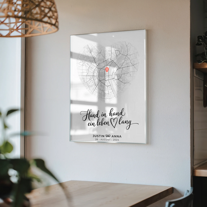 Personalisiertes Stadtkarten Acrylglas Bild Paare Herz Hand In Hand Ein Leben Lang