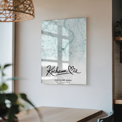 Personalisiertes Stadtkarten Acrylglas Bild für Paare Mintgrün & Namen