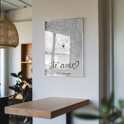 Personalisiertes Acrylglas Bild Stadtkarten Paare Te Amo Schwarz Weiß