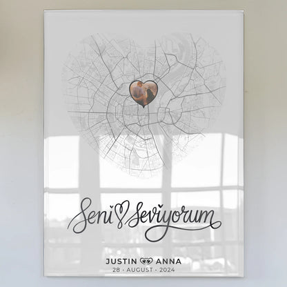 Personalisiertes Acrylglas Bild Stadkarten Paare Herz Seni Seviyorum