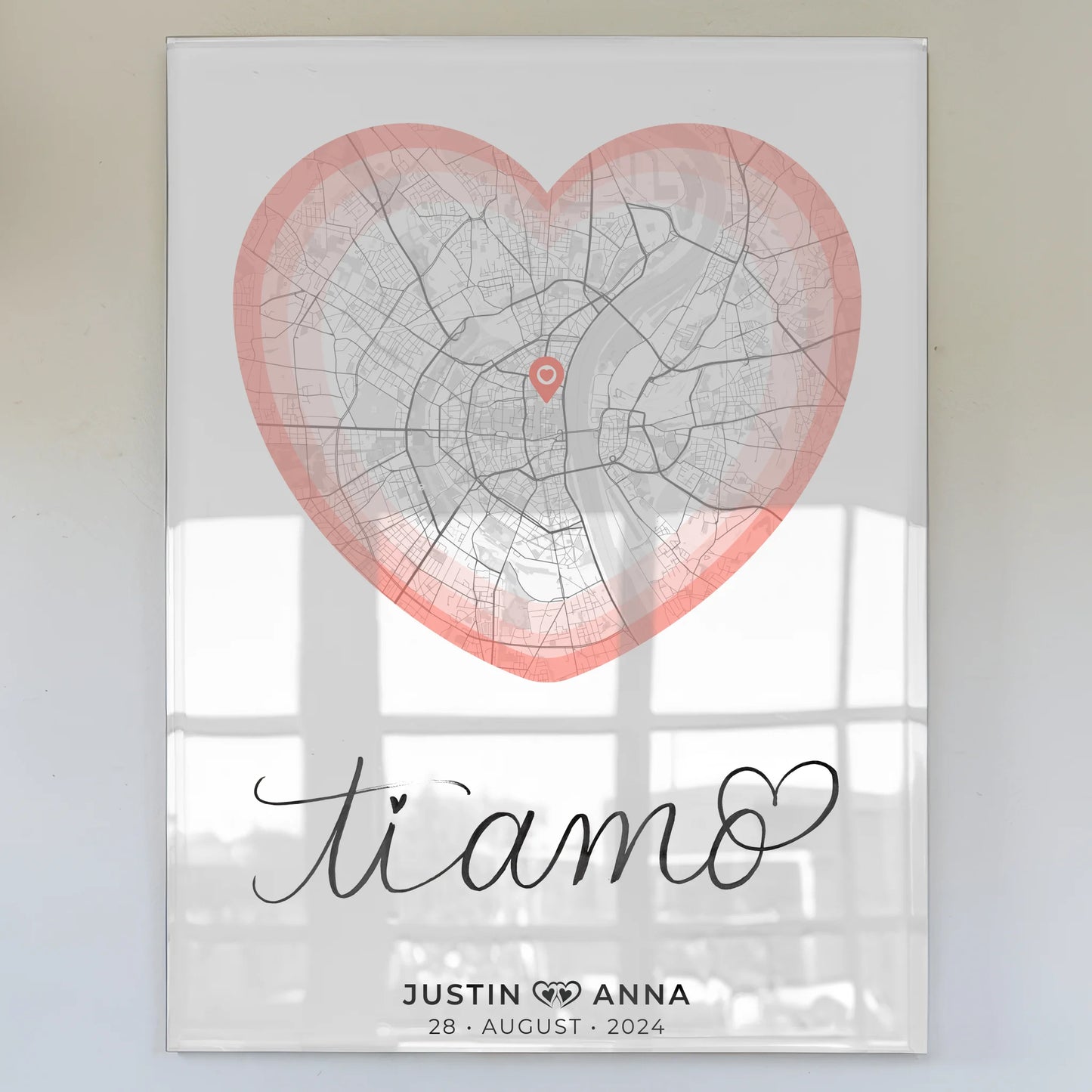 Personalisiertes Acrylglas Bild Stadtkarten Paare Herz Ti Amo Roserot