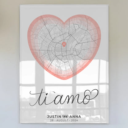 Personalisiertes Acrylglas Bild Stadtkarten Paare Herz Ti Amo Roserot