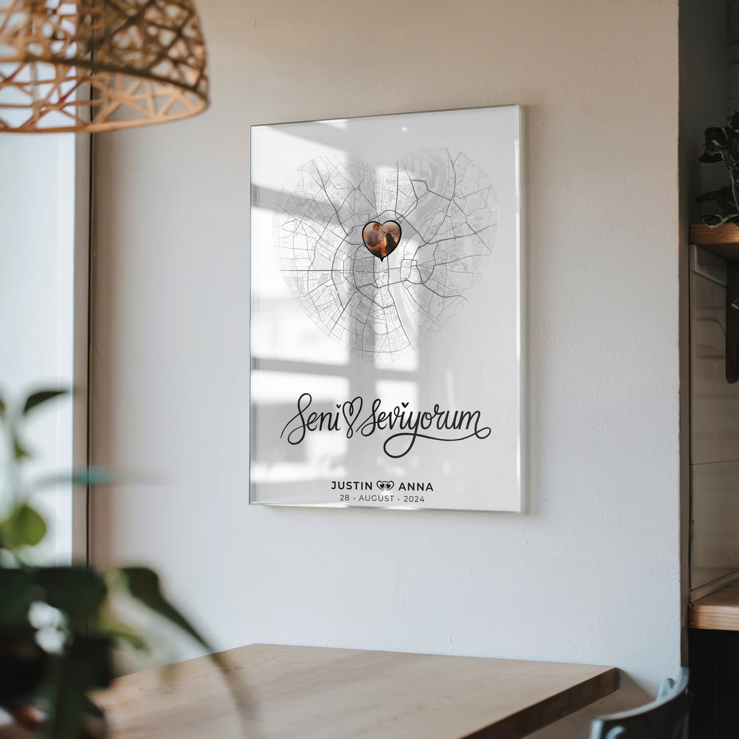 Personalisiertes Acrylglas Bild Stadkarten Paare Herz Seni Seviyorum