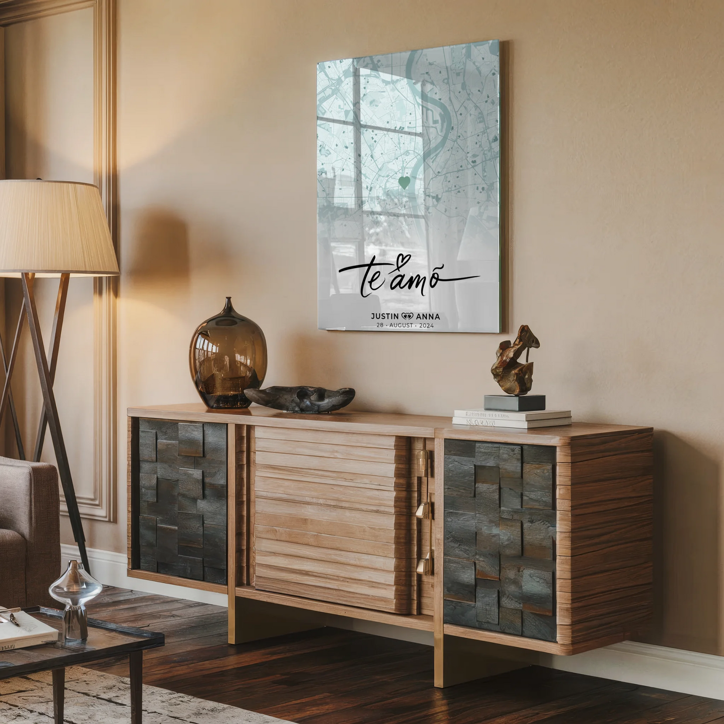 Personalisiertes Stadtkarten Acrylglas Bild für Paare Te Amo