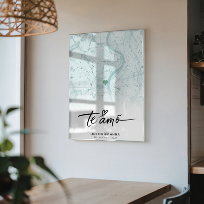 Personalisiertes Stadtkarten Acrylglas Bild für Paare Te Amo