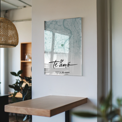 Personalisiertes Stadtkarten Acrylglas Bild für Paare Te Amo