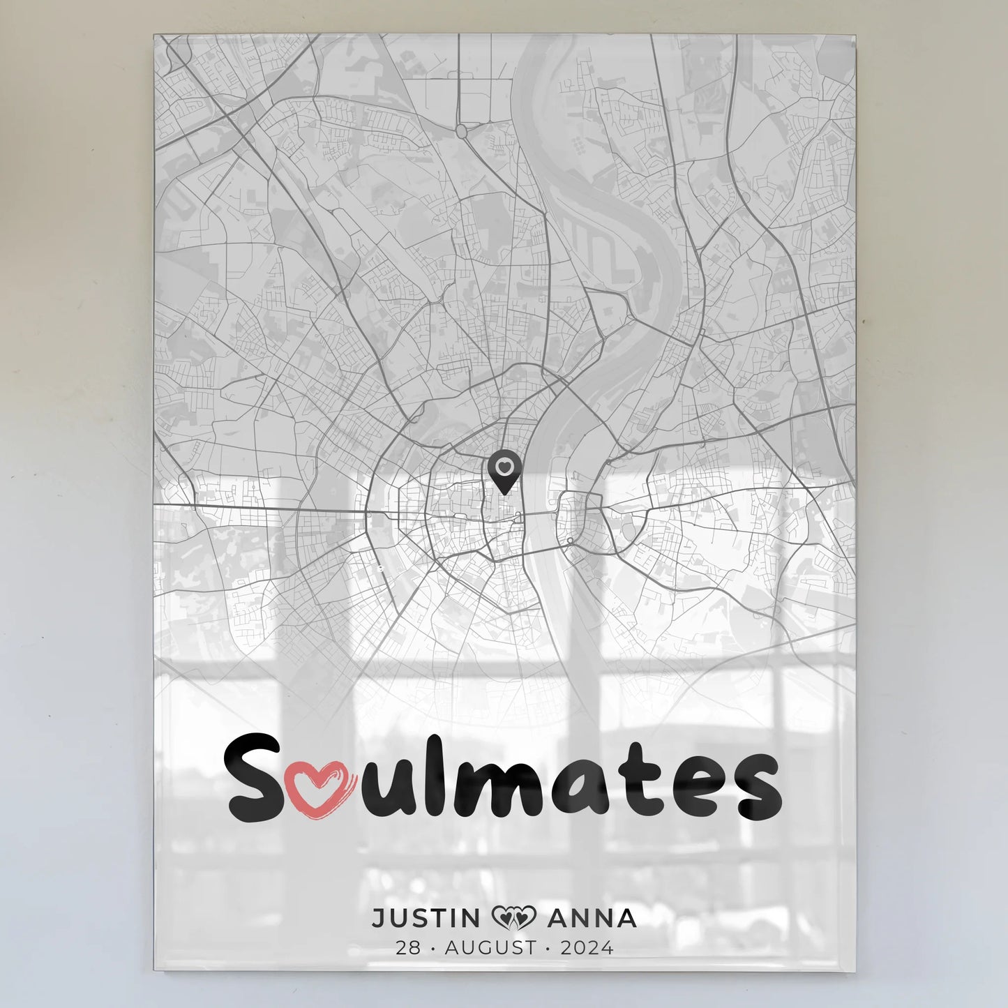 Personalisiertes Acrylglas Stadtkarte für Paare Soulmates Schwarz Weiß