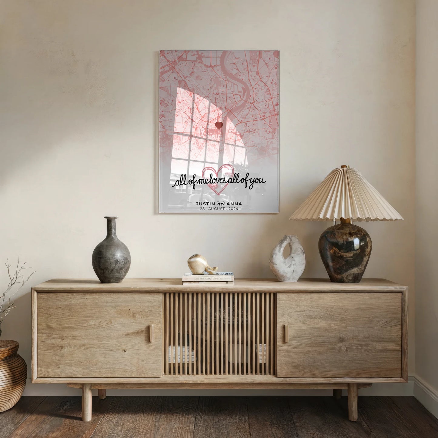 Personalisiertes Acrylglas Bild Stadtkarten Paare Roserot Liebe