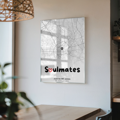 Personalisiertes Acrylglas Stadtkarte für Paare Soulmates Schwarz Weiß