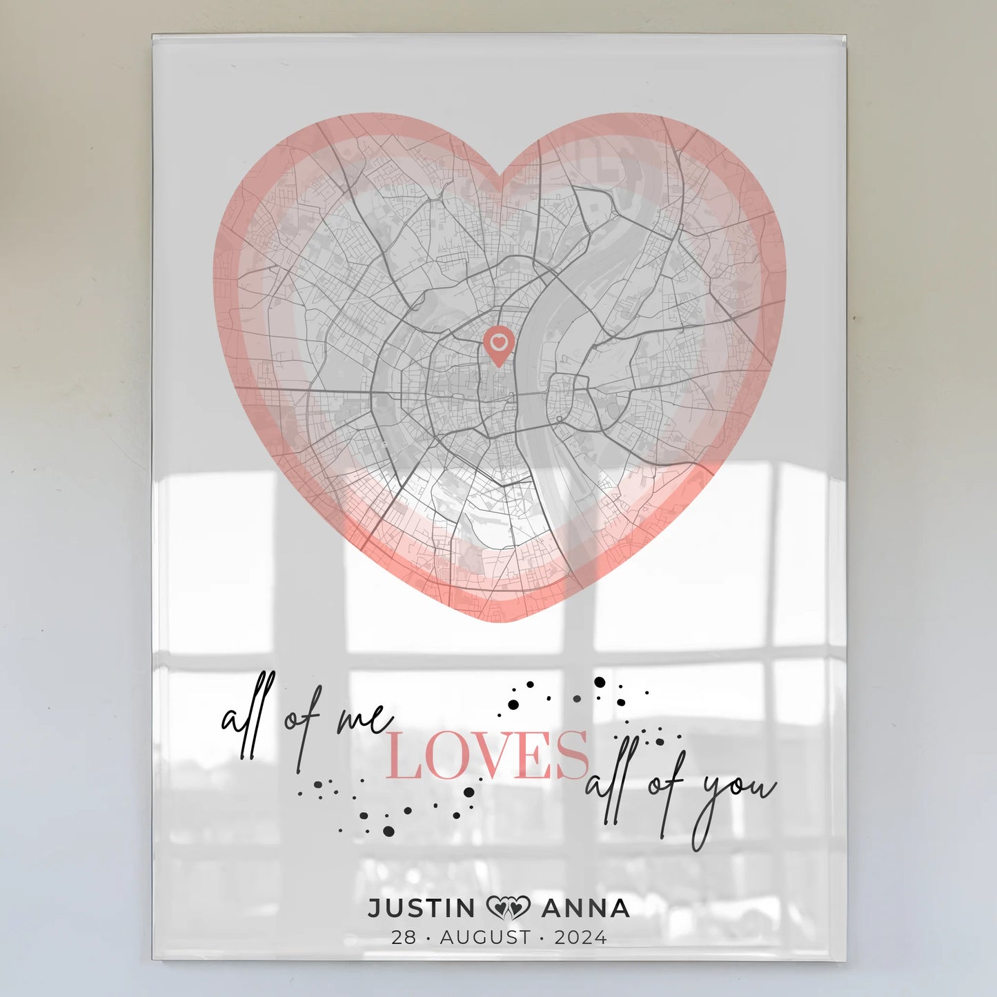 Stadtkarten Acrylglas Bild für Paare Herz Roserot mit Namen