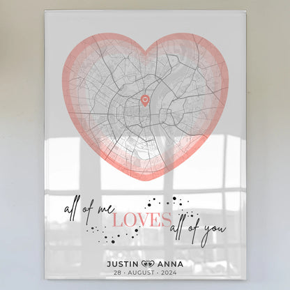 Stadtkarten Acrylglas Bild für Paare Herz Roserot mit Namen