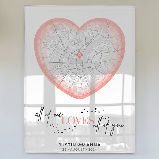 Stadtkarten Acrylglas Bild für Paare Herz Roserot mit Namen