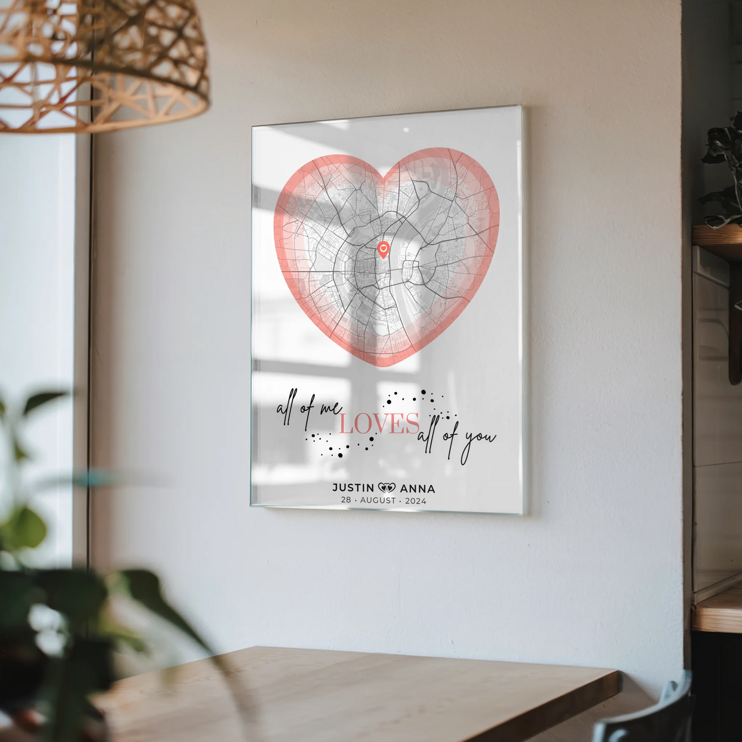 Stadtkarten Acrylglas Bild für Paare Herz Roserot mit Namen