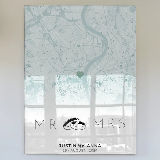 Personalisiertes Acrylglas Bild Stadtkarten für Paare Mr & Mrs Mintgrün Wo Alles Begann