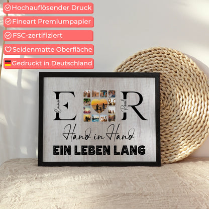 Poster Geschenk Personalisiert Mit Initialien Namen und Fotos Hand In Hand Ein Leben Lang