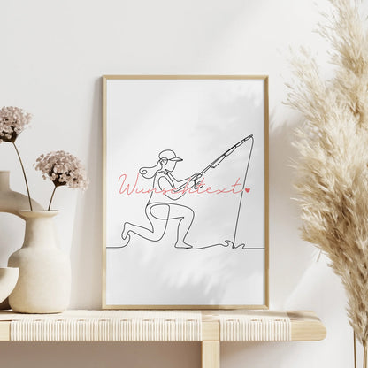 Personalisiertes Poster Lineart Angeln Geschenk Tochter & Schwester für Angler Anglerin fishing