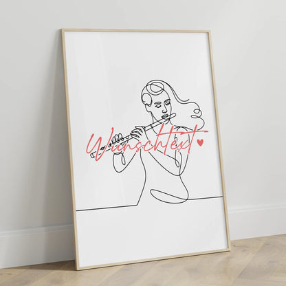 Lineart Poster Personalisiert Flöte Geschenk Tochter & Schwester für Flötist Flötistin flute