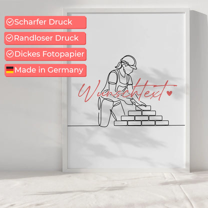 Personalisiertes Poster Lineart Maurer Geschenk Tochter & Schwester für Maurer Maurerin Bricklayer