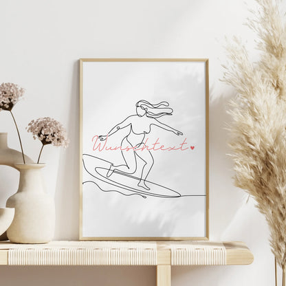 Personalisiertes Poster Lineart Surfen Geschenk Tochter & Schwester für Surfer Surferin surfing