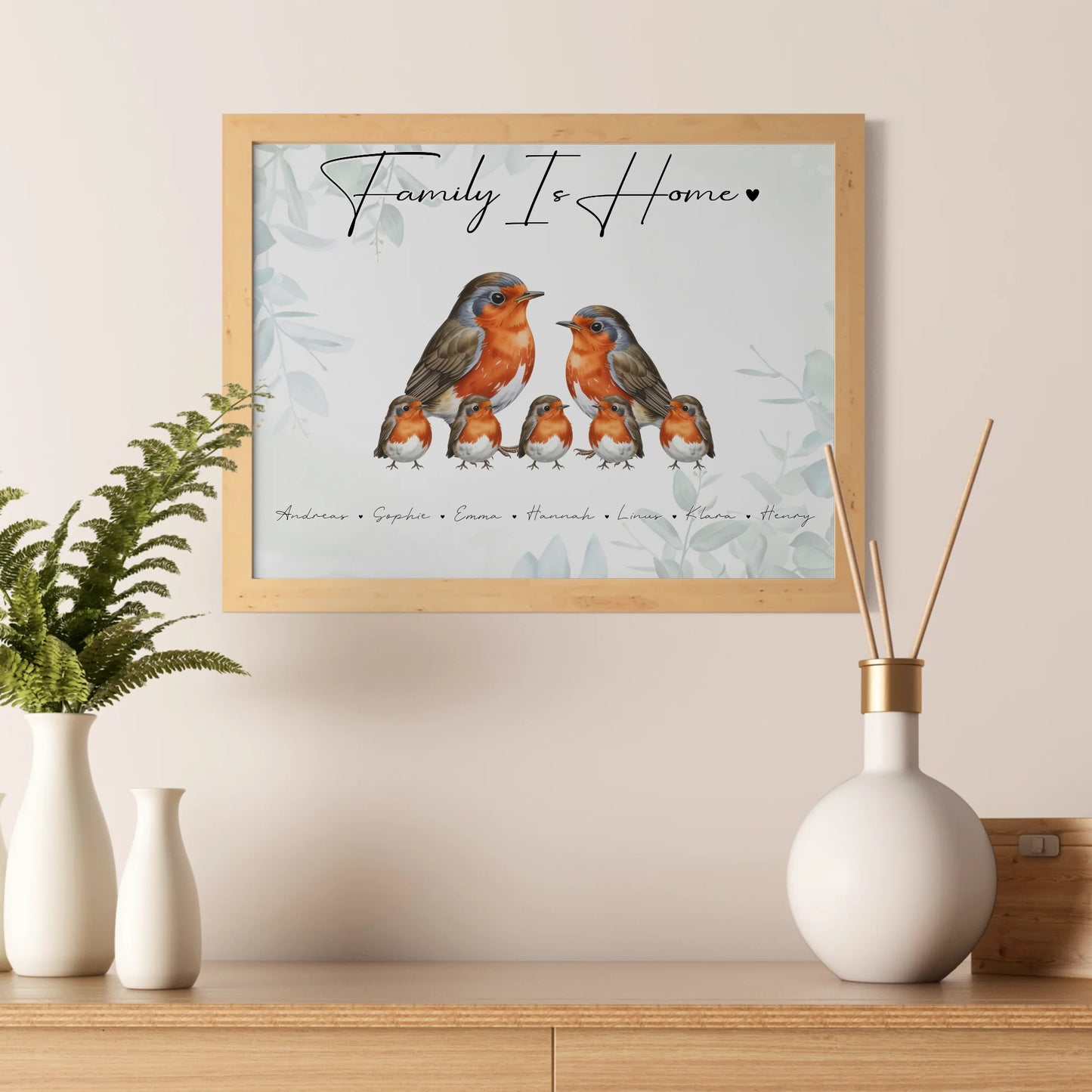 Personalisierte Familienposter Rotkehlchen Familienporträt Geschenk für Mama Papa Oma Opa