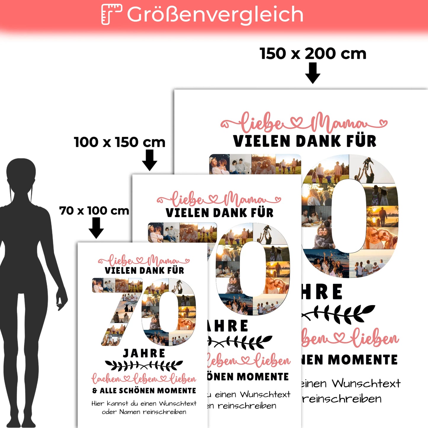 Personalisierte Decke für Mama 70 Geburtstag mit Wunschtext Fotos