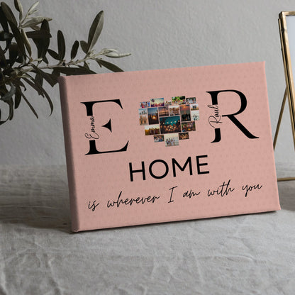 Personalisierte Leinwand Paare Mit Namen Initialien und Fotos Home Is Wherever I Am With You 5