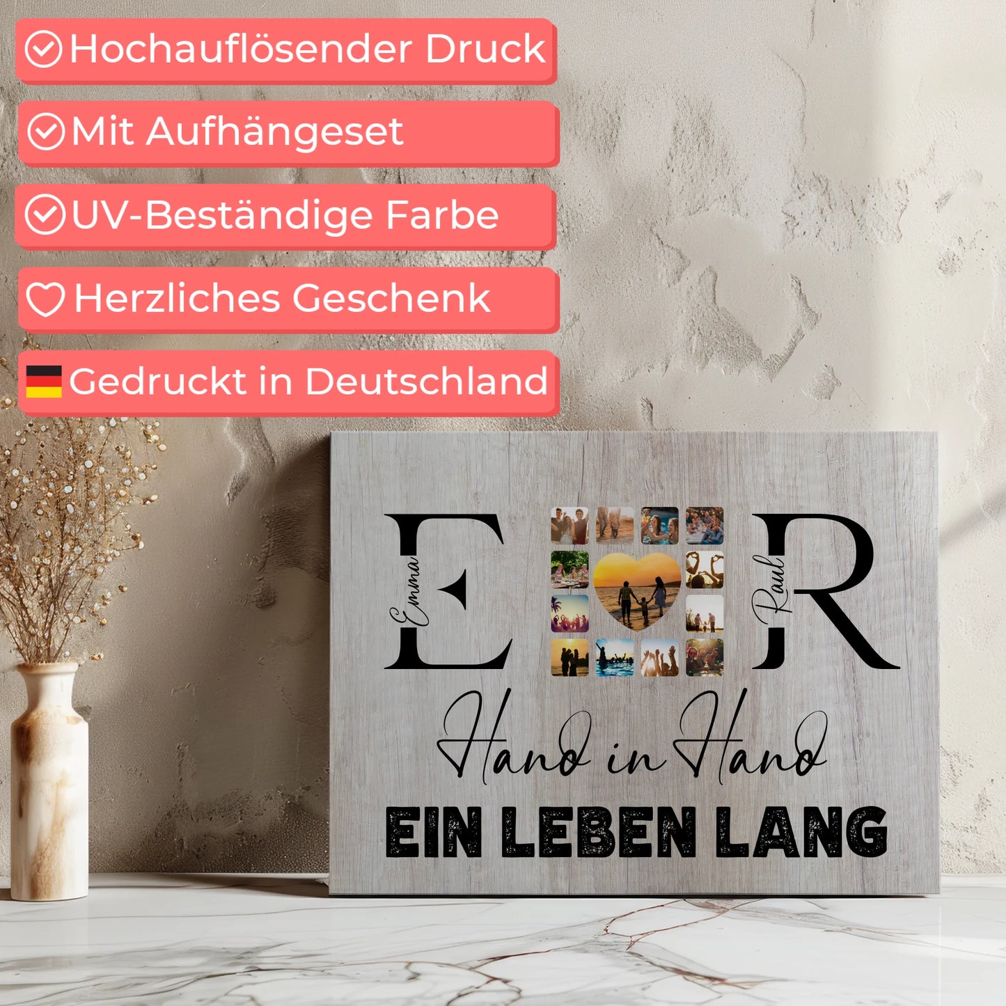 Leinwand Geschenk Personalisiert Mit Initialien Namen und Fotos Hand In Hand Ein Leben Lang 7