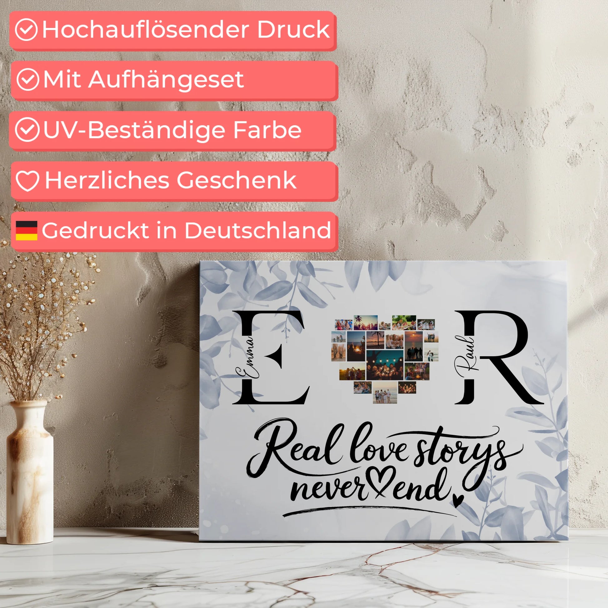 Leinwand personalisiert Mit Namen Initialien und Fotos Real Love Storys Never End 7