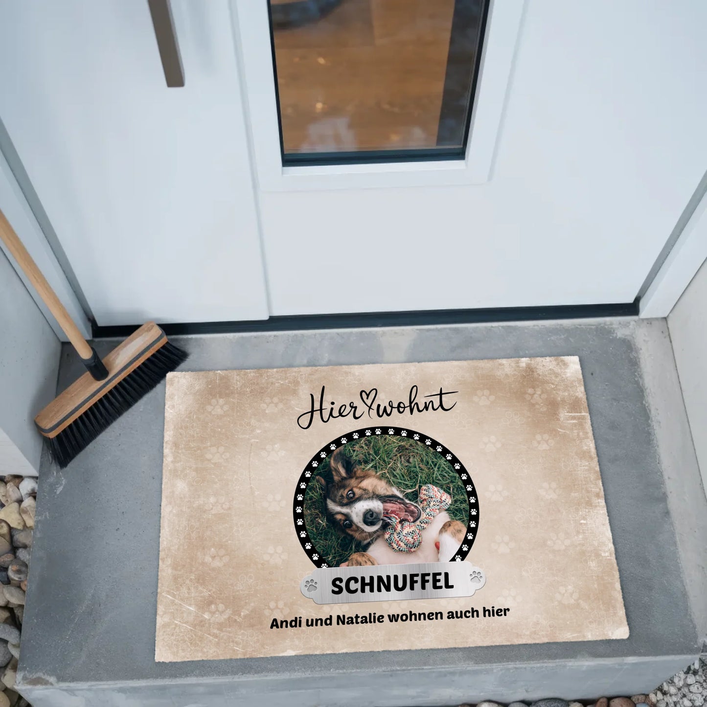 Individuelle Fußmatte Hier Wohnt mit Hundebild 2 Hunde Katzen