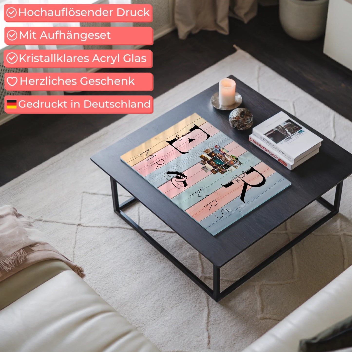 Personalisiertes Acrylglasbild Magnetisch Mit Initialien Namen und Fotos Mr & Mrs