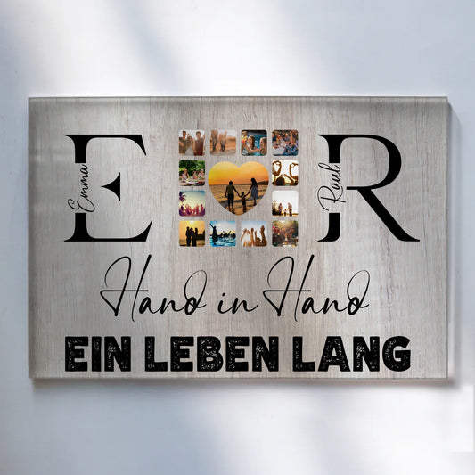 Acrylglas Bild Personalisiert magnetisch Mit Initialien Namen und Fotos Hand In Hand Ein Leben Lang