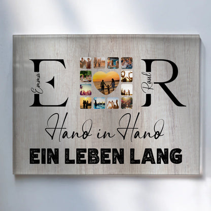Acrylglas Bild Personalisiert magnetisch Mit Initialien Namen und Fotos Hand In Hand Ein Leben Lang