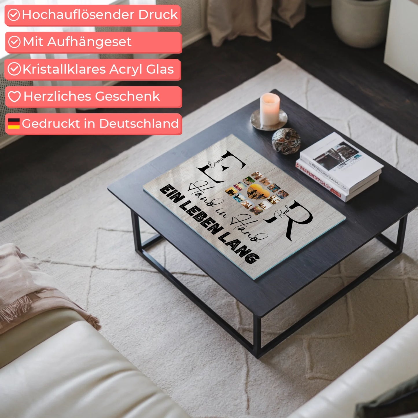 Acrylglas Bild Personalisiert magnetisch Mit Initialien Namen und Fotos Hand In Hand Ein Leben Lang